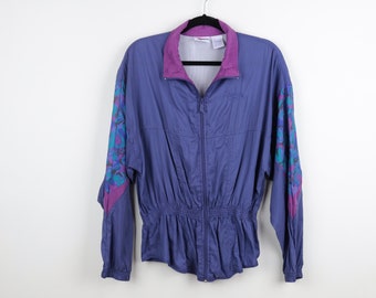 Vintage 90s Reebok Sleeve Abstract Pattern Detail Windbreaker Athletic Style Blue Purple Zip Up Sports Women's Track Jacket, Size Large
