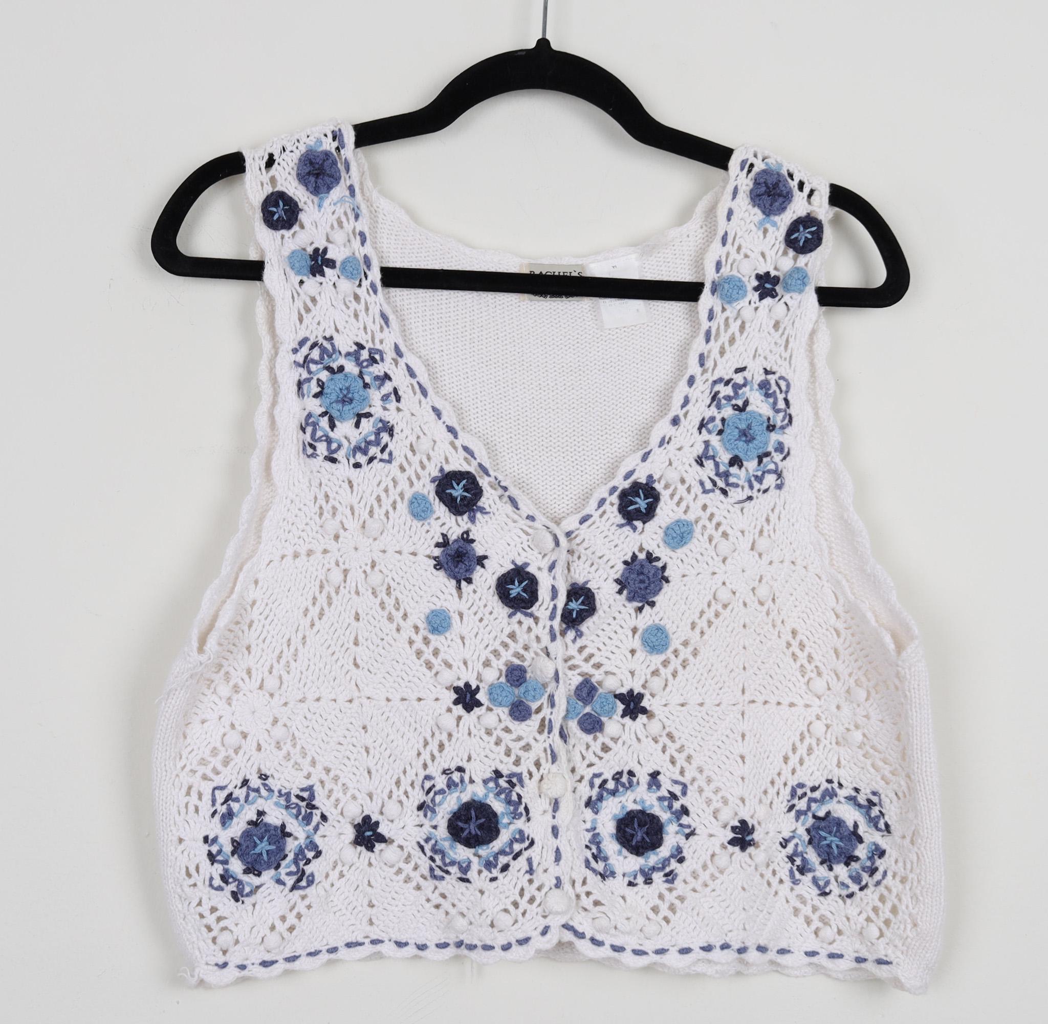 Vintage 90s White Floral Crochet Crop Tank Top Blue Flowers