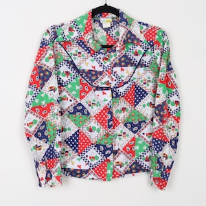Vintage 70s Multicolor Floral Print Pattern Disco Shirt Patchwork Long Sleeve Blouse Retro Funky Colorful Western Cowboy Top Size 10-Medium