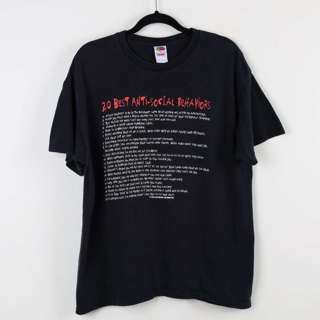 2005 Text Vintage Y2K 20 Best Antisocial Behaviors 2005 Text Black Graphic Print ...