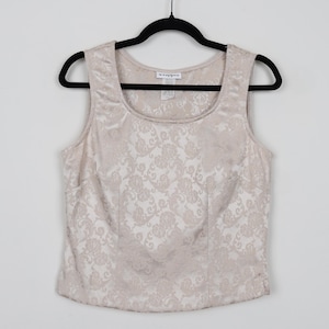 Vintage 90s Wrapper Metallic Floral Pattern Embroidery Shiny Cream Tan Cropped Tank Top Preppy Clueless Minimalist Crop Top Size 19-Medium