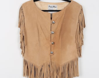 Vintage 70s Pioneer Wear Fringe Suede Leather Blouse Moto Motorcycle Western Rodeo Cowgirl Boho Bohemian Button Up Suede Top Size 12-Medium