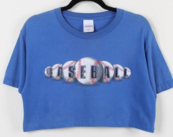 Vintage 90s Blue Baseball Graphic Print Cropped Tee Reworked Athletic Sports Crop Top Size small