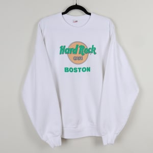 Vintage 90s Hard Rock Cafe Boston White Graphic Pint Crew Neck Sweater HRC Resto Bar Rock & Roll Pullover Sweatshirt Size XL