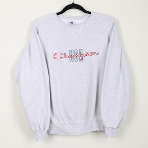 Vintage 90s Gray Embroidered Champion USA Crew Neck Sweater Preppy Pullover Sweatshirt Size Medium