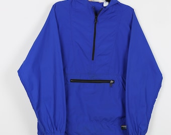 May include: A blue hooded pullover jacket with a half-zip closure and a zippered pocket on the front. The jacket has a small patch with the brand name "L.L.Bean" on the bottom right side.