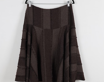 Vintage Y2K Frayed Dark Brown Fringe Midi Skirt Grunge Flowy Unbalanced Skirt Euro Size Medium