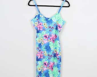 Vintage 90s Girls Only Floral Print Pattern Spaghetti Blue Coquette Colorful Flowers Print Flowy Summer Mini Dress Size Medium