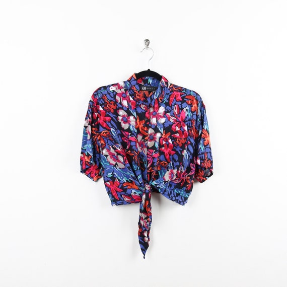 Vintage 90s Black With Colorful Floral Print Tie Up Blouse Multicolor Flowers Pattern Cropped Button Down Short Sleeve Blouse Size Large
