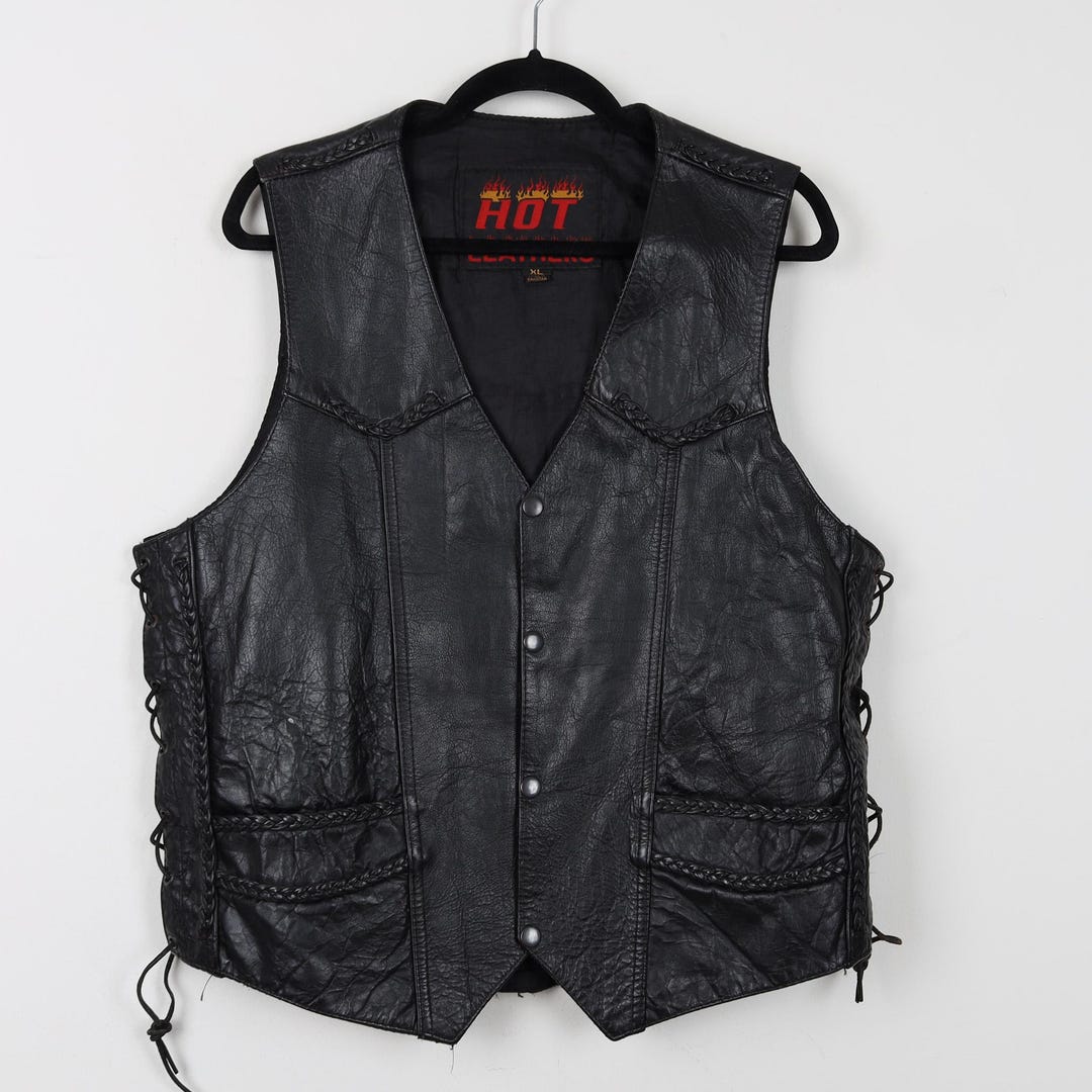 Vintage 90s Black Hot Leathers Laced up Vest Moto Motorcycle Bike