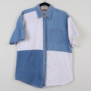 Vintage 90s Details Express Colorblock Denim Short Sleeve Shirt Women's Button up Preppy Western Cowboy Jean Short Sleeve Shirt Size Medium - Etsy Vintage 90s Details Express Colorblock Denim Short Sleeve Shirt Women's Button up Preppy Western Cowboy Jean Short Sleeve Shirt Size Medium - Etsy