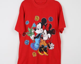 Vintage 90s Red Mickey Mouse & Minnie Mouse  Floral Graphic Print Tee Walt Disney Disneyland Single Stitch Gift T-Shirt Size Large