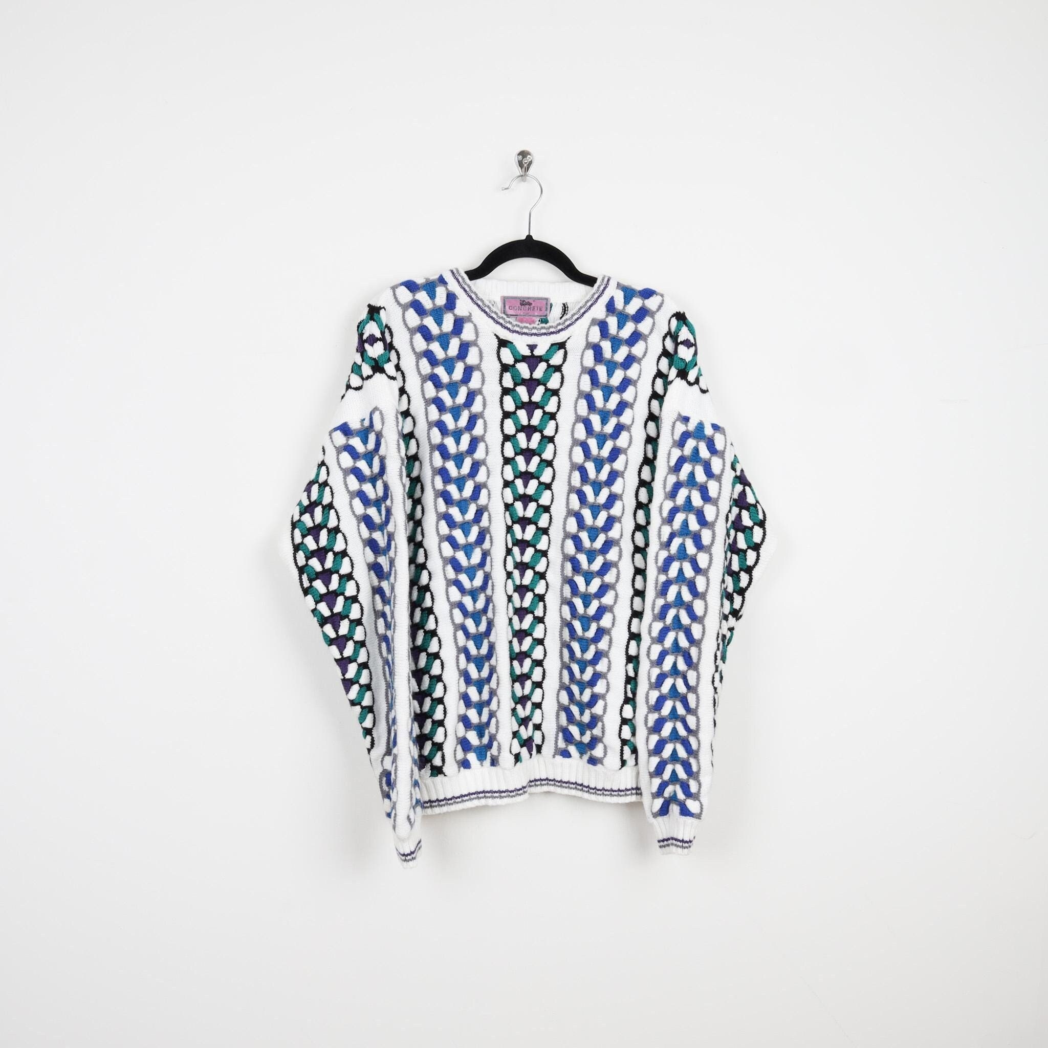 Vintage 90s Abstract Chain Style Striped Pattern Crew Neck Sweater 