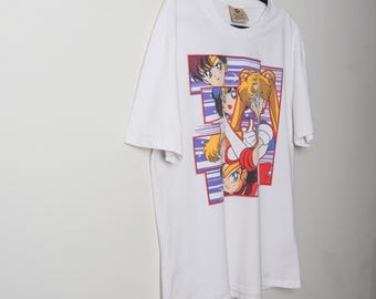 Vintage 90s Sailor Moon Collage White Graphic Print T-shirt