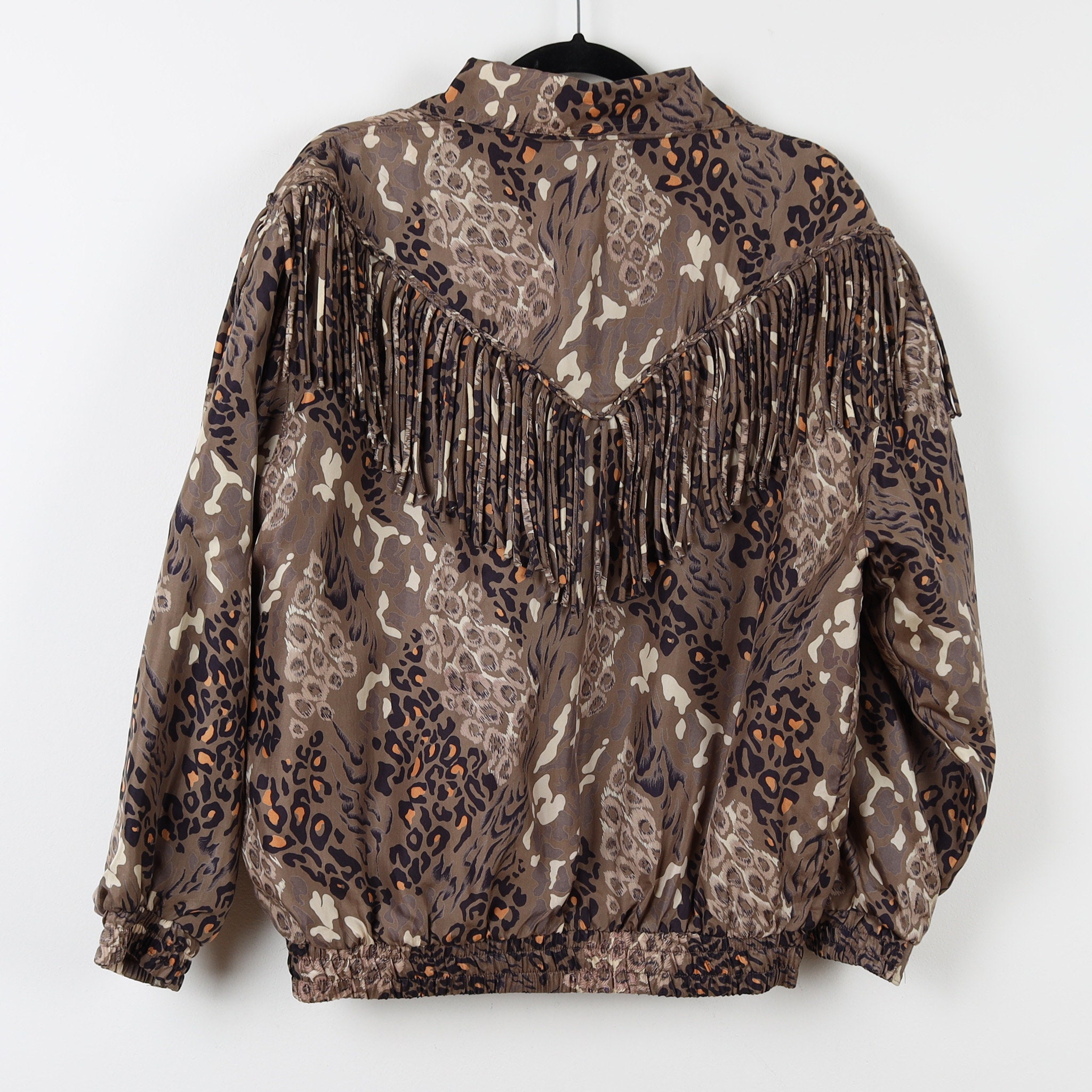 Vintage 90s 100% Silk Fringe FUDA Leopard Cheetah Animal