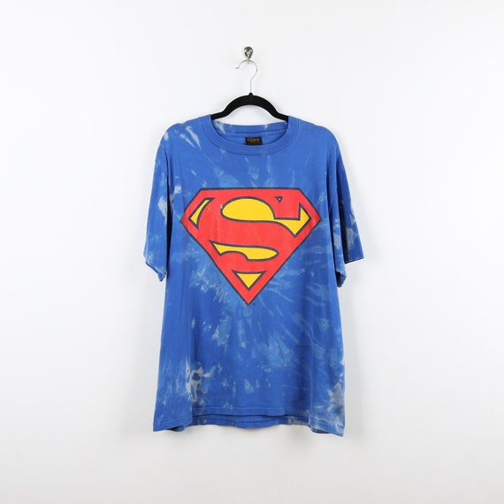 Vintage 90s Superman Logo Blue Bleach Dye Tie Dye Gra… Gem