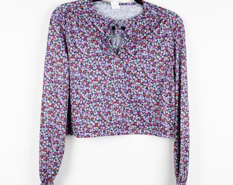 Vintage 90s Purple Floral Print Pattern String Knot Crop Top Long Stretchy Sleeve Reworked Pleated Shoulder Grunge Cropped Blouse Size Large