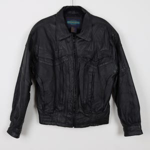 Vintage 90s Weekends Black Leather Jacket Snap Zip Cuffs Stretchy Waist Biker Motorcycle Moto Bike Rider Jacket Size Small