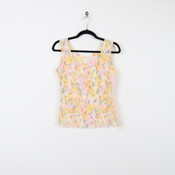 Vintage 90s Floral Print Pattern Pastel Yellow Tank Top
