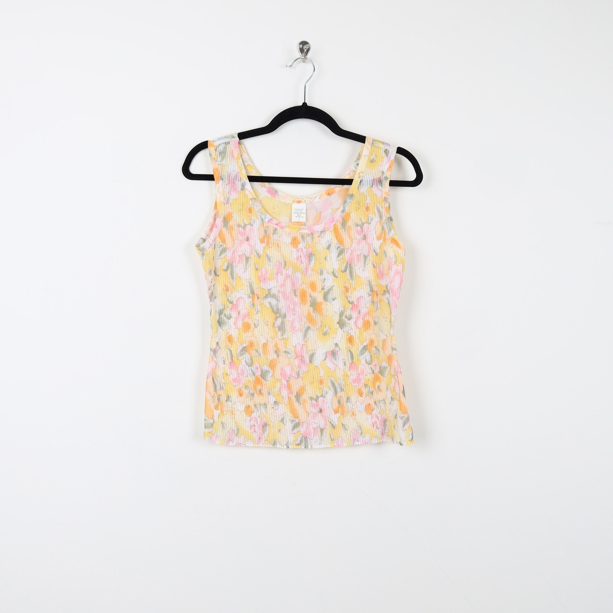 Vintage 90s Floral Print Pattern Pastel Yellow Tank Top