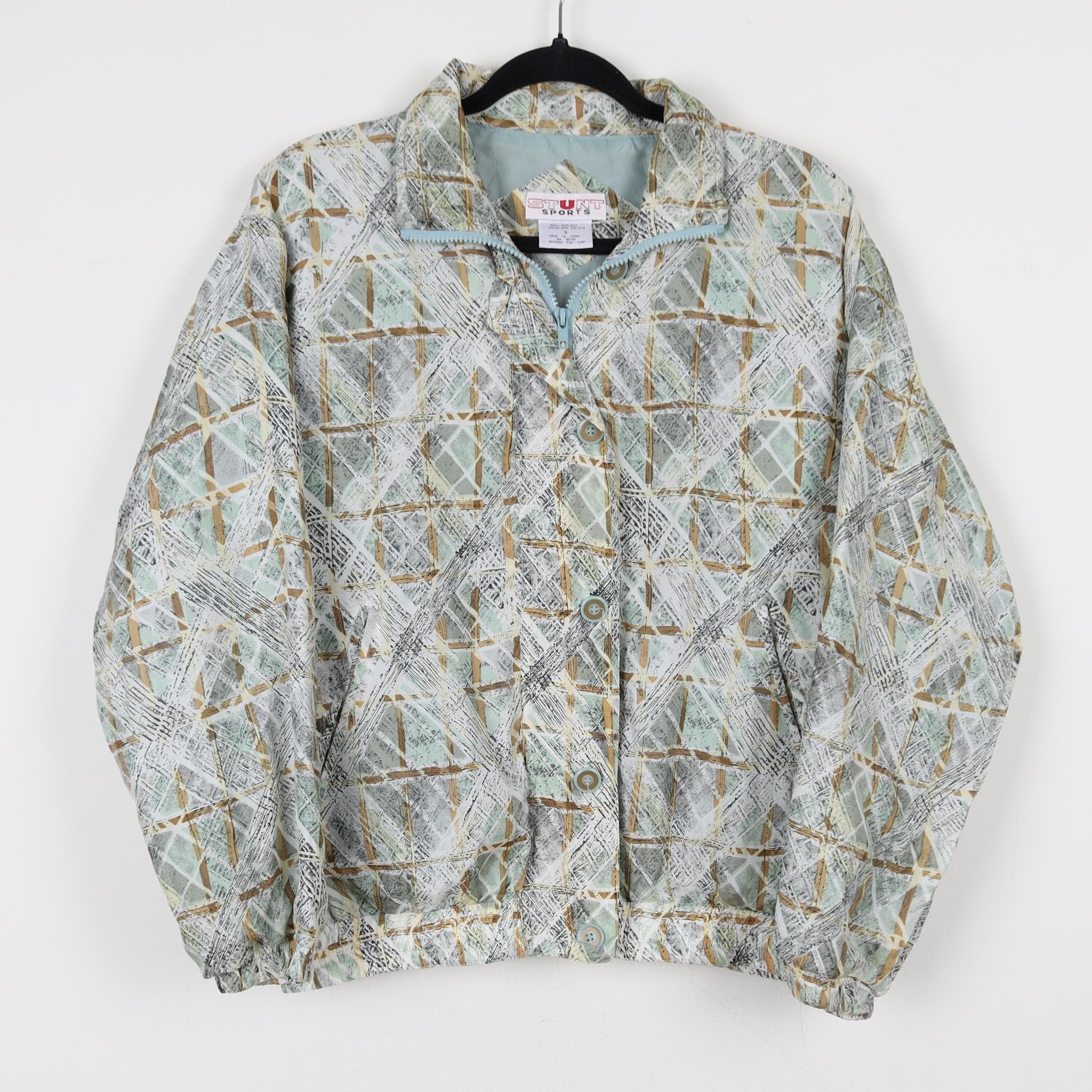 Vintage 90s 100% Silk Abstract Plaid Check Pattern Windbreaker
