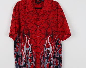 Vintage 90s / 2000s Y2k Grey Tribal Dragon Flame Fire Button up