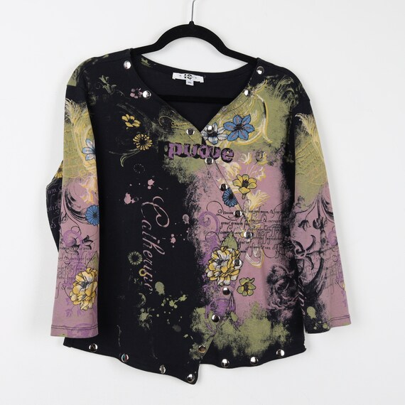 Vintage Y2K Floral Print Pattern Grunge Tee Diagonal Wrap