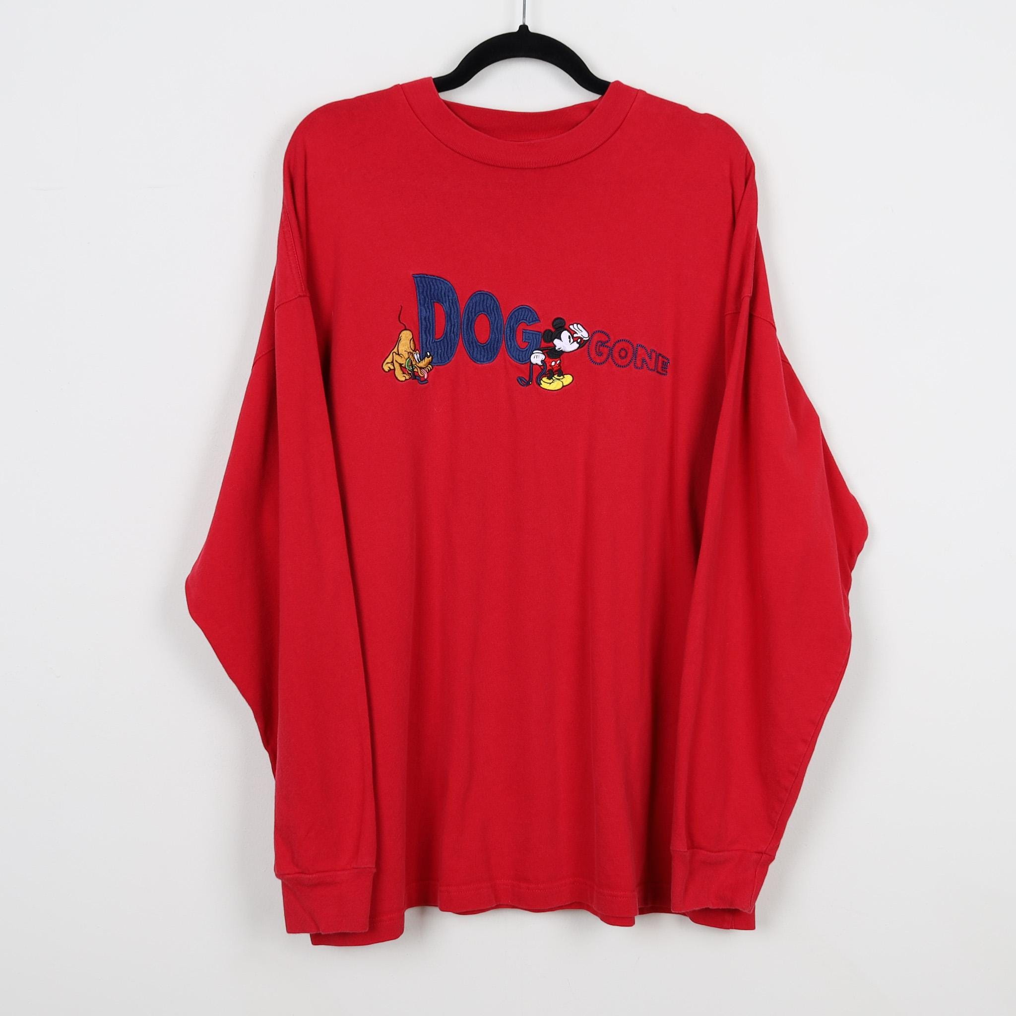 Vintage 90s Dog Gone Cute Mickey Mouse Goofy Embroidered Red T