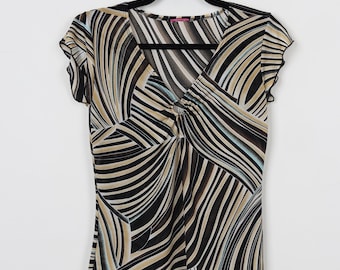 Vintage Y2K  Striped Swirl Multicolor Blouse Keyhole Half Sleeve Top Size Small