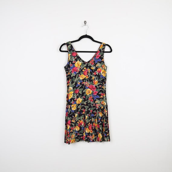 Vintage 90s Express Drop Waist Floral Print Pattern Sleeveless Mini Dress Pleated Colorful Flowers Print Summer Shift V-neck Dress Size XS