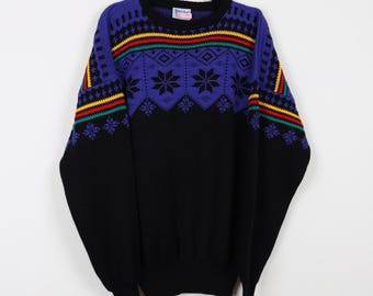 Vintage 90s Blue Argyle Geometric Diamond Floral Pattern Crew Neck Sweater Ribbed Knit Saved By The Bell Knitted Pullover Sweater Size XL