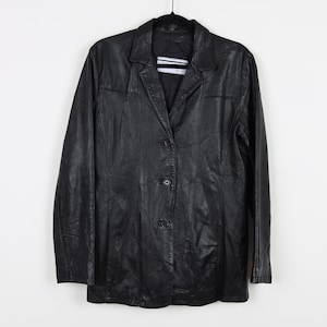 Vintage 90s Black Leather Jacket Trench Coat Style Double Breasted Blazer Style Button Down Classic Long Jacket Size Medium