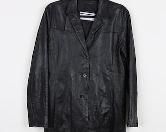 Vintage 90s Black Leather Jacket Trench Coat Style Double Breasted Blazer Style Button Down Classic Long Jacket Size Medium