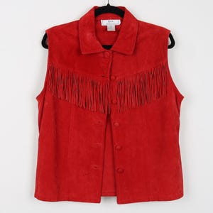 Vintage 90s Hot Red Fringe Leather Suede BOHO Vest Tank Western Rodeo Cowboy Women&#39;s Bohemian Vest Tank Top Size Medium