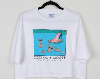 Vintage 90s Cute Cool As A Moose Bar Harbor Swimming Pool Swim Graphic Print Crop Top T-shirt Single Stitch Reworked Cropped Tee Size XL