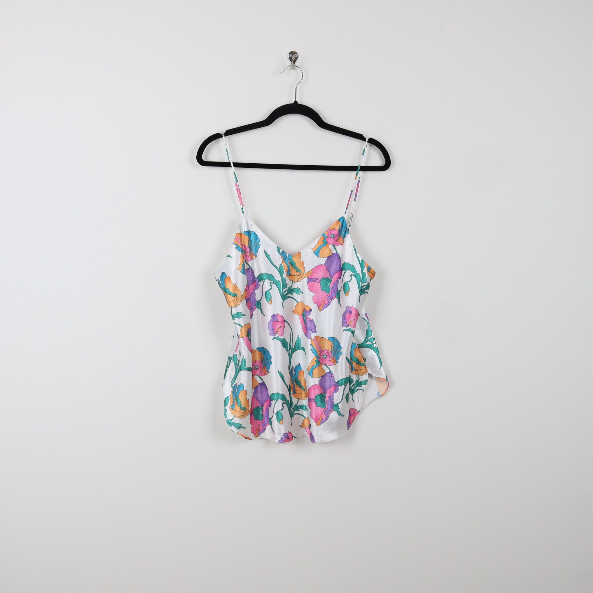 Vintage 90s White Floral Print Pattern Flowy Cropped Cami Top V-Neck Spaghetti Strap Colorful Flowers Feminine Sexy Crop Top Size Large
