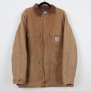 Vintage 90s Distressed Carhartt Embroidered Workwear Outdoor Brown Long Jacket Corduroy Collar Western Cowboy Jacket Size 2X