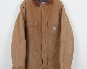 Vintage 90s Distressed Carhartt Embroidered Workwear Outdoor Brown Long Jacket Corduroy Collar Western Cowboy Jacket Size 2X