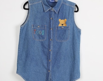 Vintage 90s Pooh Embroidered Denim Jean Tank Top Walt Disney Cartoon Button Up Tank Top Size Medium