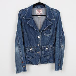 Vintage Y2K True religion  Denim Jean Jacket Button Down Distressed Multi Pockets Western Cowgirl Women&#39;s Jean Jacket Size Medium