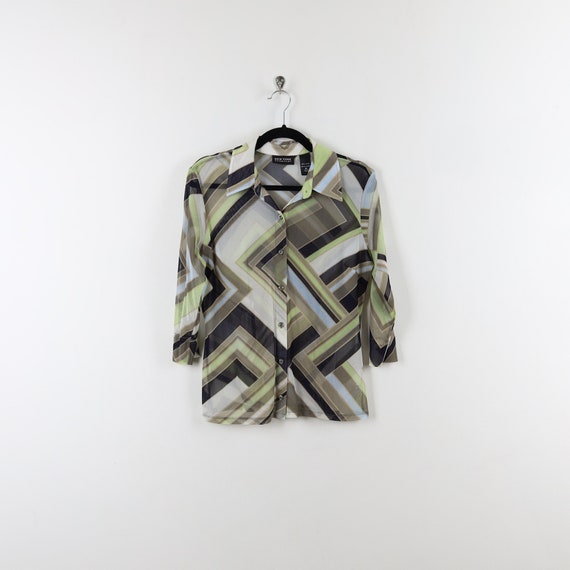 Vintage y2K Sheer Funky Zig Zag Pattern Print Long Sl??? Gem