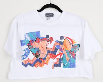 Camiseta corta con estampado gráfico blanco de pintura geométrica abstracta vintage de los años 90, camiseta corta con costura simple y remendada, talla única