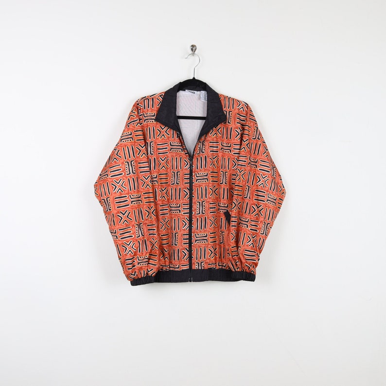 Vintage 90s Orange Avon Style Ladies Windbreaker Multicolor Abstract Print Pattern Zip Up Women's Track Jacket Size Small image 1