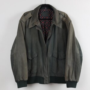 Vintage 90s Green Suede Leather Bomber Jacket Geometric Tapestry Inner Pattern Zip Up Shoulder Straps Biker Jacket Size Large