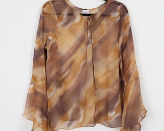 Vintage Y2K  Brown Abstract Print Pattern Flowy Long Sleeve Blouse Grunge Tie Knot Bell Sleeve Blouse Size Large