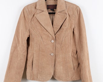 Vintage 90s Beige Cream Tan Suede Leather Blazer Jacket  Button Up Double Breasted Classic Preppy Minimalist Jacket Size Small