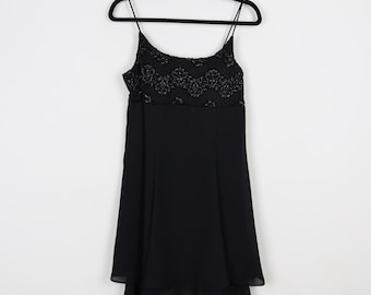 Vintage 90s LBD A-line Strappy Crochet Knit Cocktail Coquette Mini Dress Spaghetti Strap Minimalist Party Night Club Slip Dress Size 12-S