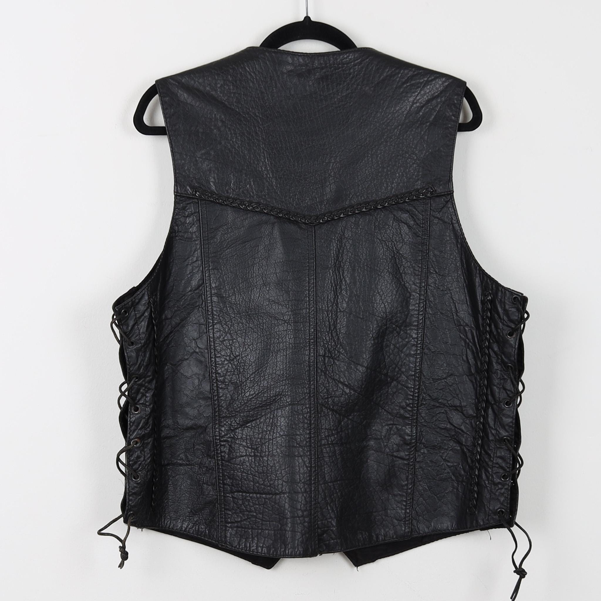 Vintage 90s Black Hot Leathers Laced up Vest Moto Motorcycle Bike 