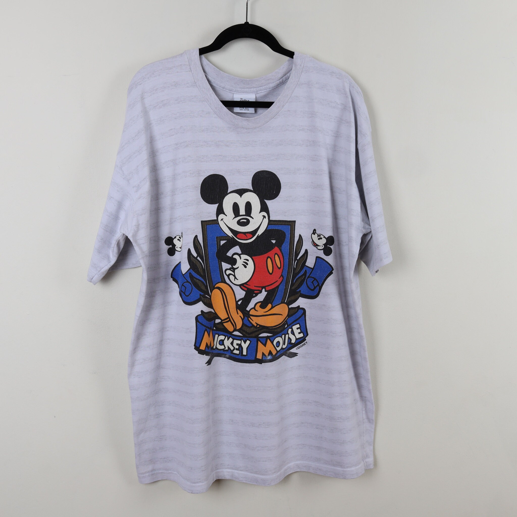 Vintage 90s Disney Mickey Mouse Striped Gray Graphic Print