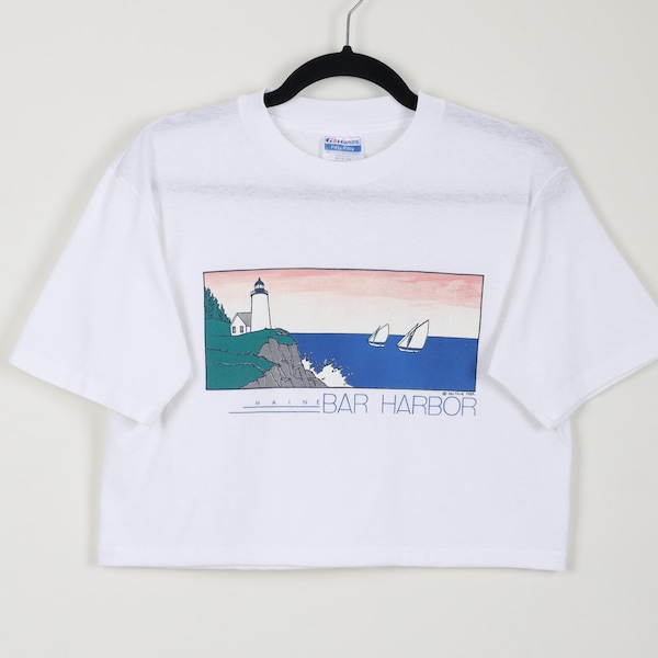 Vintage 80s Maine Bar Harbor White Graphic Print Single Stitch Cropped Tee Sailboat Lighthouse Sailing Reworked Crop Top T-shirt Size Medium